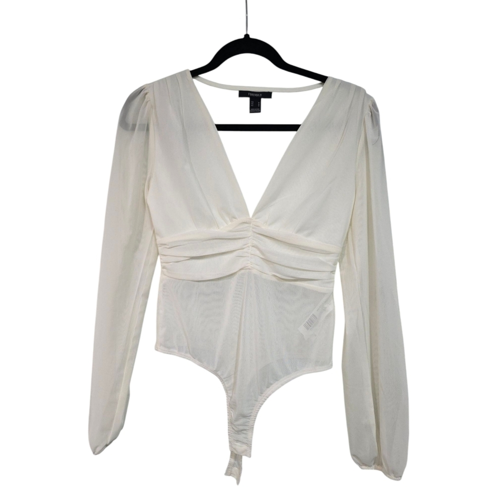 NWOT FOREVER 21 MESH Elegant White V-Neck Blouse